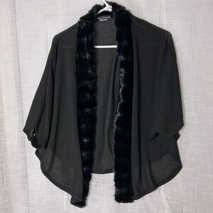 vtg Simply Irresistible,cardigan,women faux fur trim,black,sheer,batwing, L -XL